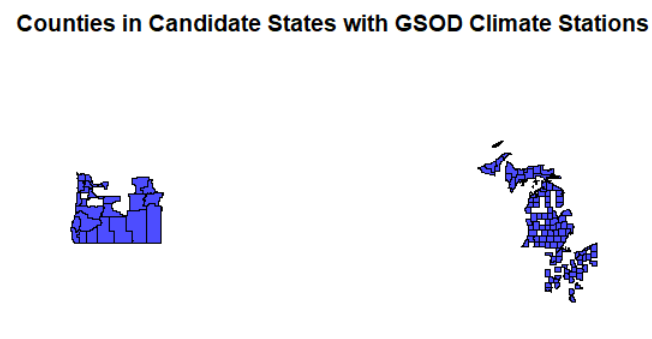 Oregon, Ohio, and Michigan counties with climate data stations