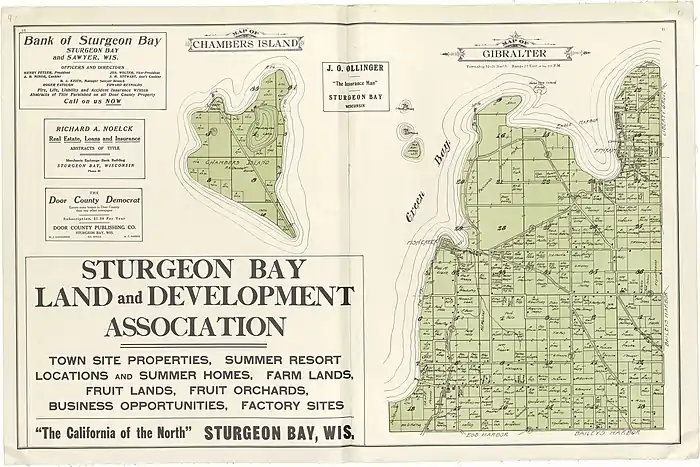 A map of the northwestern shore of Door County. Horseshoe Island can be seen on the right, north of Peninsula State Park.