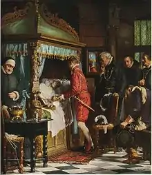 The painting On the deathbed of Niels Kaas shows King Christian IV receiving the keys of government and the final words of advice from Niels Kaas, the de facto ruler during the King's minority