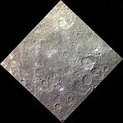 Approximate color image of the surface of Mercury.  Giambologna is at top center.  The prominent crater at right is Hawthorne.