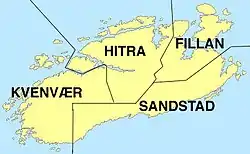 Map of the island of Hitra with the old municipal boundaries (originally Fillan also included Sandstad)