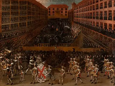 Auto de fé celebrated in the 17th century in a large Spanish public square, Escuela madrileña, 1656