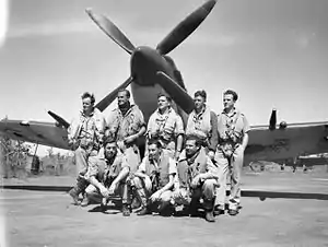 Some of No. 549 Squadron's pilots and a Spitfire in June 1945