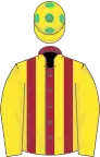 Maroon and yellow stripes, yellow sleeves, yellow cap, emerald green spots