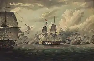 HMS Bellerophon leading the bombardment of the Syrian fortress of Acre. Thomas Baines
