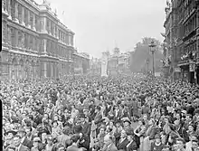 Image 41People gathered in Whitehall to hear Winston Churchill's victory speech, 8 May 1945. (from History of London)