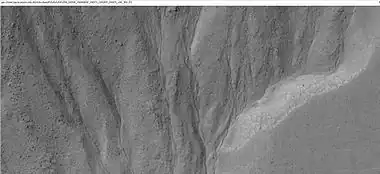 Close-up of small channels in gullies in Arkhangelsky Crater, as seen by HiRISE under HiWish program Patterned ground in the shape of polygons can be seen to the right.  Note: this is an enlargement of the previous image from Arkhangelsky Crater.