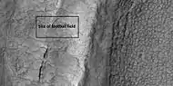 Close-up of field of high center polygons with scale, as seen by HiRISE under HiWish program. Note: the black box is the size of a football field.