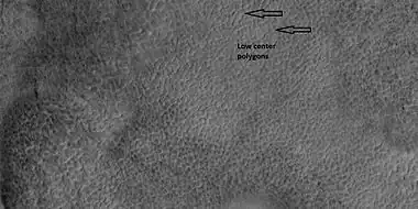 Low center polygons, shown with arrows, as seen by HiRISE under HiWish program. Image was enlarged with HiView.