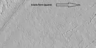 Cracks and pits that form square shapes, as seen by HiRISE under HiWish program.  Arrow points to squares formed by cracks.