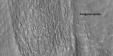 Close view of tongue-shaped flows and polygonal terrain (which is labeled), as seen by HiRISE under the HiWish program