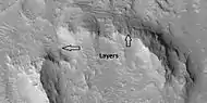 Layered features, as seen by HiRISE under HiWish program.  Arrows show where some layers are.