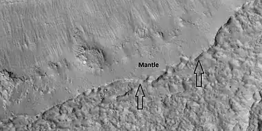 Close view of the edge of mantle, as seen by HiRISE under the HiWish program   Location is Hellas quadrangle.
