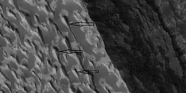 Yardangs and layers, as seen by HiRISE under HiWish program  Arrows point to some yardangs.