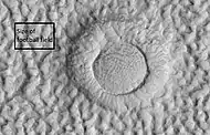 Close view of ring-mold craters and brain terrain, as seen by HiRISE under HiWish program.  Rectangle shows size of football field for scale.