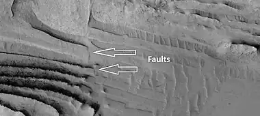 Faults in layers, as seen by HiRise under HiWish program  Faults in layers, as seen by HiRise under HiWish program  Image is about 1 km across.