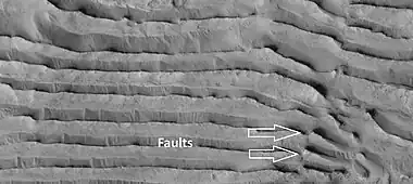 Faults in layers, as seen by HiRise under HiWish program  Image is about 1 km across.