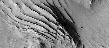 Faults in layers, as seen by HiRise under HiWish program  Image is about 1 km across.