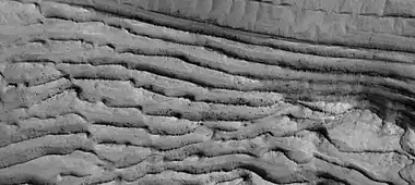 Faults in layers, as seen by HiRise under HiWish program  Image is about 1 km across.