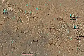 Map of Aeolis quadrangle - Gale is in the upper left - Aeolis Mons is in the middle of the crater