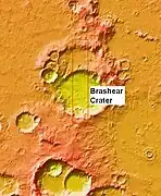 Wide view of Brashear Crater near other craters, as seen by MOLA in which elevations are indicated by different colors