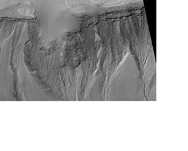 Gullies on mound in Asimov Crater, as seen by HiRISE.