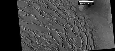 Well developed ribbed upper plains material.  These start with small cracks that expand as ice sublimates from the surfaces of the crack.  Picture was taken with HiRISE under HiWish program.