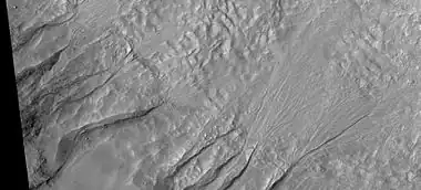 Close up of gully aprons, as seen by HiRISE under HiWish program.  Note this is an enlargement of the previous image of gullies in a crater.