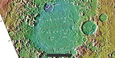 Region around Galle Crater.  Colors show elevations.