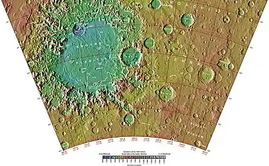 Wide view of area around Galle Crater.  Colors show elevations.