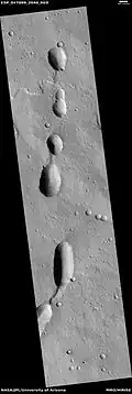 Pits with lava flow at the top of the picture  Image was taken with HiRISE, under HiWish program