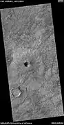 Unnamed rater with thin ejecta, as seen by HiRISE under the HiWish program.  There are also many cones visible in the image.