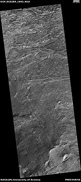 Wide view of layers in Crommelin crater, as seen by HiRISE .  Parts of thi photo are enlarged in following images.