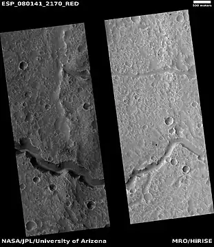 Wide view of channel as seen by HiRISE under HiWish program.  Much erosion is visible in places.  Since July 23, 2023, HiRISE observations have lacked data from the RED4 CCD due to a hardware issue, creating a gap in the middle of image products.