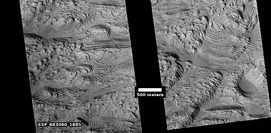 Layers, as seen by HiRISE.  Black strip in middle is due to a malfunction.