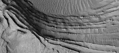 Close view of layers, as seen by HiRISE under HiWish program.  Picture is about 1 km across.