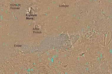 Map of Elysium quadrangle. Elysium Mons and Albor Tholus are large volcanoes.  Eddie crater is at the left.