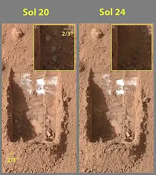 Color versions of the photos showing ice sublimation, with the lower left corner of the trench enlarged in the insets in the upper right of the images.