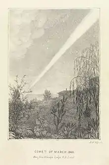 A black-and-white drawing of a streak of light travels from the top-left of the image to the bottom right, getting narrower as it travels.