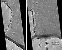 Hephaestus Fossae Two Views, as seen by HiRISE.  Picture on right lies to the top (north) of other picture. Fossa often form by material moving into an underground void.