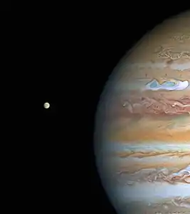 Jupiter and Europa, taken by Hubble on August 25, 2020, when the planet was 653 million kilometres from Earth. False colour image.