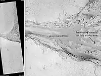 Lethe Vallis, as seen by HiRISE.  Flow was from southwest to northeast.  Wider part of Lethe Vallis had less erosive power, so mesas are left behind from pre-existing material.  Lethe Vallis is a valley in the Elysium quadrangle.  Scale bar is 500 meters long.