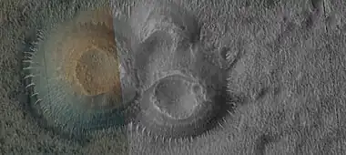 Close view of mud volcanoes, as seen by HiRISE.  Low area around the volcanoes contains transverse aeolian ridges (TAR's).  Only part of picture is in color because HiRISE only takes a color strip in middle of image.