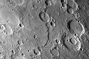 A prominent scarp, Discovery Rupes, photographed during the first flyby.