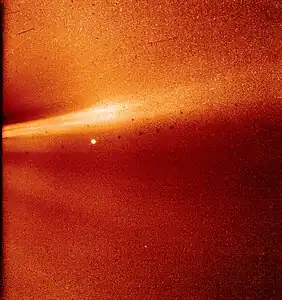 Photo from the WISPR shows a coronal streamer, seen over the east limb of the Sun on Nov. 8, 2018, at 1:12 a.m. EST. The fine structure of the streamer is very clear, with at least two rays visible. Parker Solar Probe was about 16.9 million miles (21.2 million km) from the Sun's surface when this image was taken. The bright object near the center of the image is Mercury, and the dark spots are a result of background correction.