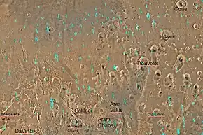 Quadrangle map of Oxia Palus labeled with major features. This quadrangle contains many collapsed areas (chaos) and many outflow channels (old river valleys). Becquerel is in the upper right.