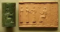 Sumerian cylinder seal and impression, dated c. 2100 BC, of Ḫašḫamer, ensi (governor) of Iškun-Sin c. 2100 BC. The seated figure is probably king Ur-Nammu, bestowing the governorship on Ḫašḫamer, who is led before him by Lamma (protective goddess)..mw-parser-output cite.citation{font-style:inherit;word-wrap:break-word}.mw-parser-output .citation q{quotes:"\"""\"""'""'"}.mw-parser-output .citation:target{background-color:rgba(0,127,255,0.133)}.mw-parser-output .id-lock-free.id-lock-free a{background:url("//upload.wikimedia.org/wikipedia/commons/6/65/Lock-green.svg")right 0.1em center/9px no-repeat}body:not(.skin-timeless):not(.skin-minerva) .mw-parser-output .id-lock-free a{background-size:contain}.mw-parser-output .id-lock-limited.id-lock-limited a,.mw-parser-output .id-lock-registration.id-lock-registration a{background:url("//upload.wikimedia.org/wikipedia/commons/d/d6/Lock-gray-alt-2.svg")right 0.1em center/9px no-repeat}body:not(.skin-timeless):not(.skin-minerva) .mw-parser-output .id-lock-limited a,body:not(.skin-timeless):not(.skin-minerva) .mw-parser-output .id-lock-registration a{background-size:contain}.mw-parser-output .id-lock-subscription.id-lock-subscription a{background:url("//upload.wikimedia.org/wikipedia/commons/a/aa/Lock-red-alt-2.svg")right 0.1em center/9px no-repeat}body:not(.skin-timeless):not(.skin-minerva) .mw-parser-output .id-lock-subscription a{background-size:contain}.mw-parser-output .cs1-ws-icon a{background:url("//upload.wikimedia.org/wikipedia/commons/4/4c/Wikisource-logo.svg")right 0.1em center/12px no-repeat}body:not(.skin-timeless):not(.skin-minerva) .mw-parser-output .cs1-ws-icon a{background-size:contain}.mw-parser-output .cs1-code{color:inherit;background:inherit;border:none;padding:inherit}.mw-parser-output .cs1-hidden-error{display:none;color:#d33}.mw-parser-output .cs1-visible-error{color:#d33}.mw-parser-output .cs1-maint{display:none;color:#2C882D;margin-left:0.3em}.mw-parser-output .cs1-format{font-size:95%}.mw-parser-output .cs1-kern-left{padding-left:0.2em}.mw-parser-output .cs1-kern-right{padding-right:0.2em}.mw-parser-output .citation .mw-selflink{font-weight:inherit}html.skin-theme-clientpref-night .mw-parser-output .cs1-maint{color:#18911F}html.skin-theme-clientpref-night .mw-parser-output .cs1-visible-error,html.skin-theme-clientpref-night .mw-parser-output .cs1-hidden-error{color:#f8a397}@media(prefers-color-scheme:dark){html.skin-theme-clientpref-os .mw-parser-output .cs1-visible-error,html.skin-theme-clientpref-os .mw-parser-output .cs1-hidden-error{color:#f8a397}html.skin-theme-clientpref-os .mw-parser-output .cs1-maint{color:#18911F}}"Cylinder vase". Collections Search – Museum of Fine Arts, Boston. May 20, 1987. Archived from the original on November 11, 2021. Retrieved November 11, 2021.