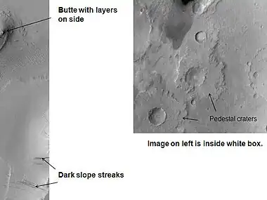 Tikhonravov Crater floor, as seen by Mars Global Surveyor. Click on image to see dark slope streaks and layers.  Tikhonravov Crater is in the Arabia quadrangle.