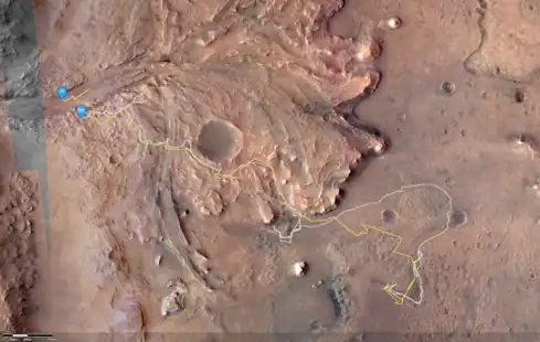 Ingenuity total flight path at end of mission, also showing Perseverance's track up to that point.