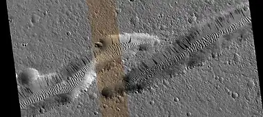 Troughs with dark slope streaks on the wall and transverse aeolian ridges on the floor.  The colored strip in the center is about 1 km across.